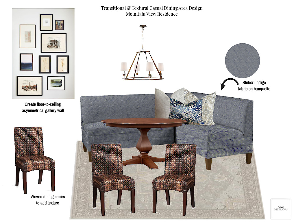 Textural and transitional dining room interior design board online remote virtual e-design