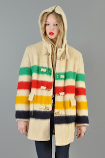 Vintage 1970's cream colored Hudson Bay wool coat with signature rainbow stripe