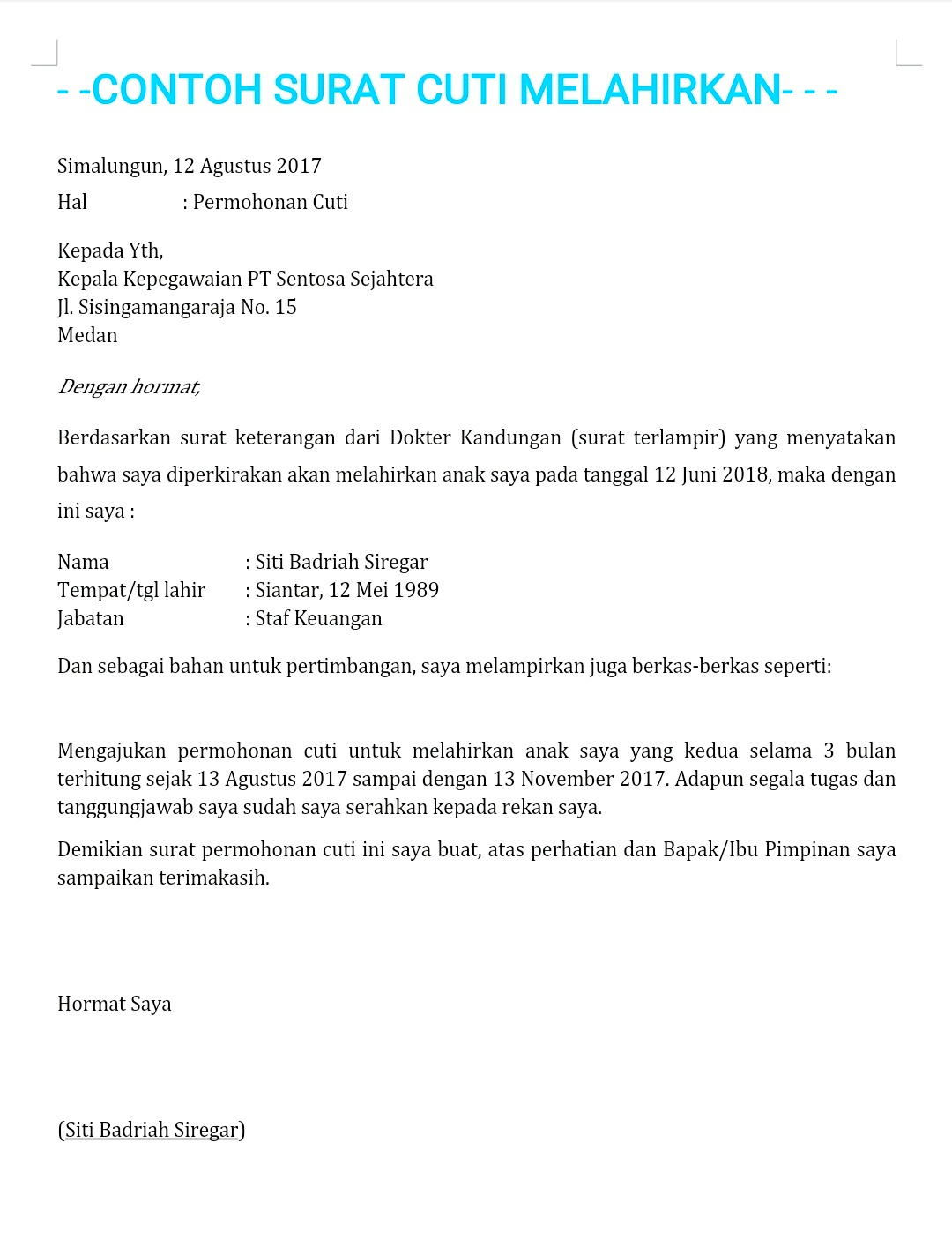 Contoh Surat Cuti Melahirkan Pns - Gudang Surat