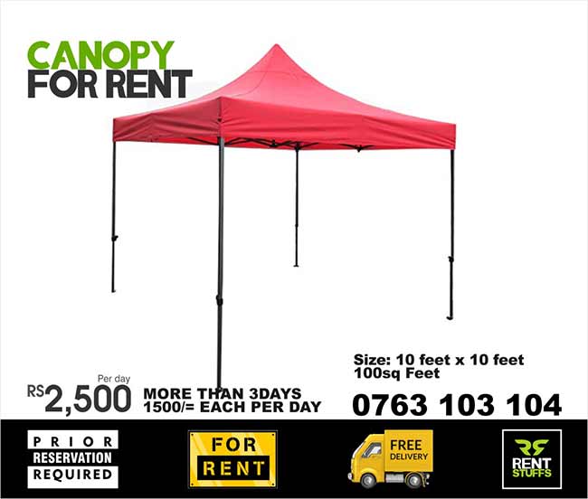 Canopy Tent for Rent  Size: 10 feet x 10 feet ( 100 Squire feet ) Height: 7 feet  Easy to carry and setup.  LKR 2500/= per day ( LKR 1500/= each per day for more than 3 days )  Free delivery in and around greater Colombo area.