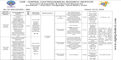 CECRI - Senior Project Associate,Junior Research Fellow and Project Associate Ph.D M.Sc BE B.Tech Engineering Jobs