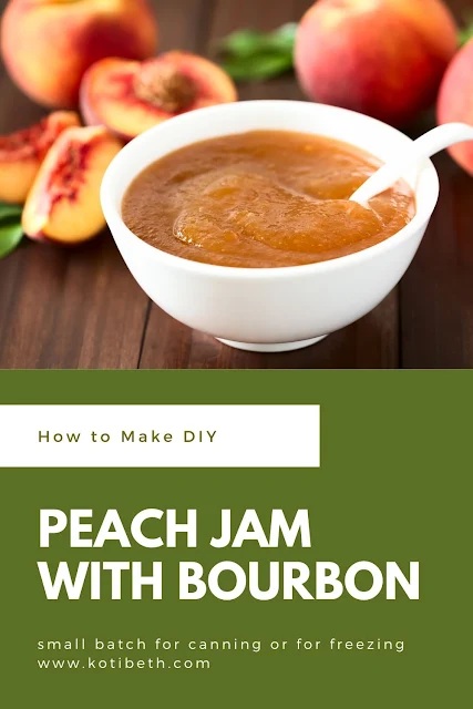 How to make a peach jam recipe canning or freezer. Make this homemade recipe from frozen peaches or fresh. This recipe uses sure gel, bourbon or whiskey, and vanilla for a deep flavor.  Learn how to can a peach jam. Use for dessert, toast, ice cream, or yogurt.  This small batch easy recipe freezer or canned or store in the refrigerator.  Home made small batch peach jam recipe. #peachjam #canning