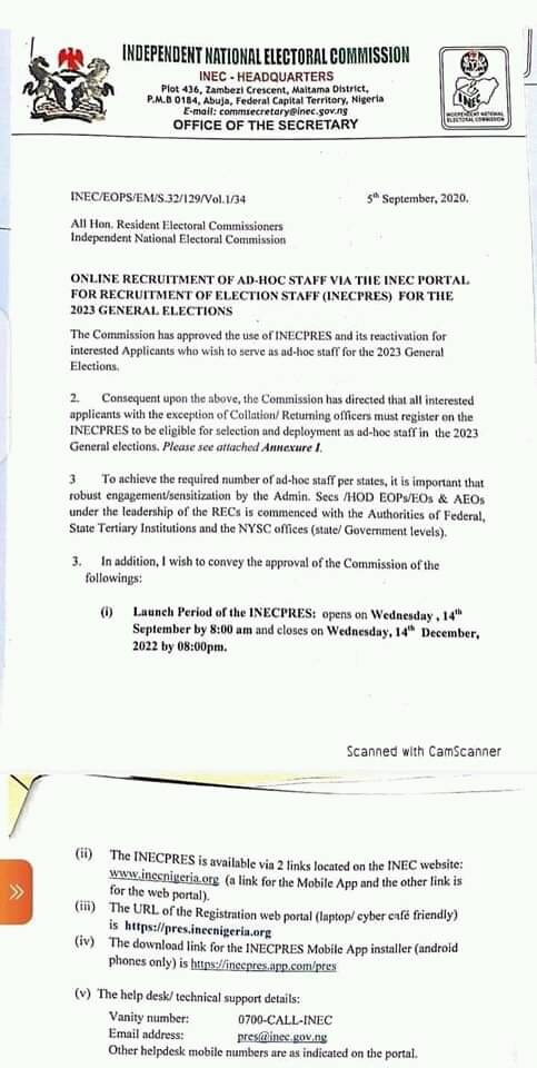 INEC Adhoc Staff Recruitment for 2023 Election