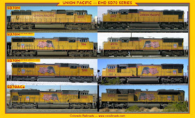 A vertical comparison between different versions of EMDs SD70 locomotive as seen on the Union Pacific railroad