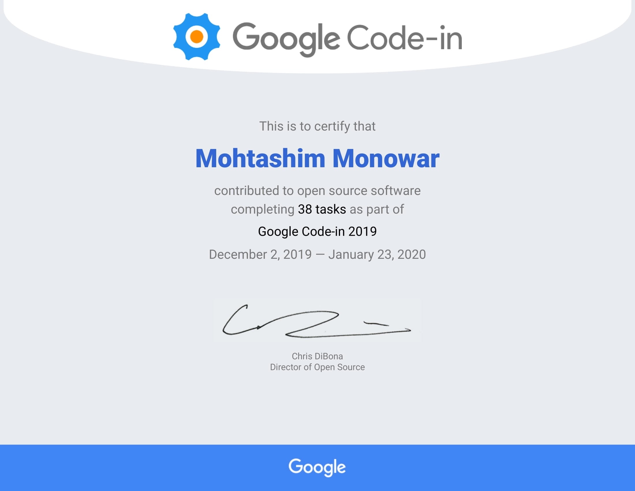 Google Code In 2019 Mohtashim Monowar
