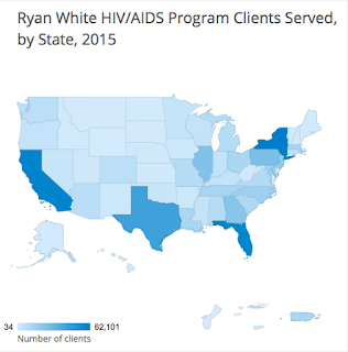 Map of the United States showing Ryan White HIV/AIDS program clients served, by state, 2015.