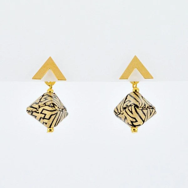 gold and black geometric patterned paper bead earrings