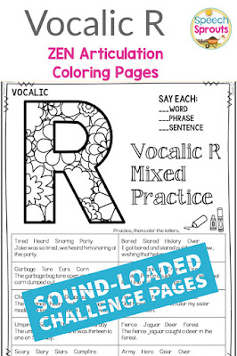 Sound-loaded printable articulation activities for vocalic r sounds.  Swap the crazy in mixed group speech therapy sessions for calm and Zen. Elementary and middle school kids love coloring the beautiful patterns and they are no-prep for you! Click to check it out. #speechsprouts #speechtherapy #articulation #noprep