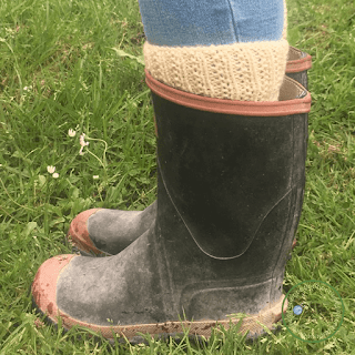 Picture of wearing knitted boot toppers with gum boots