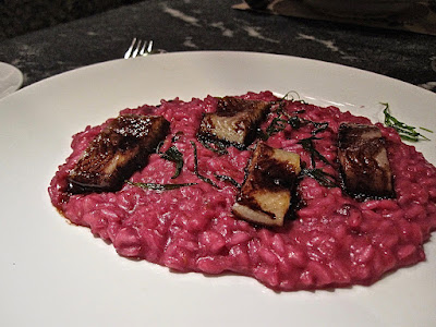 inItaly, beetroot red berry risotto smoked eel