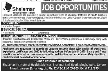 Shalamar Institute Of Health Sciences Jobs 2023