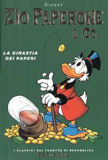 I Classici del Fumetto di Repubblica - Serie Oro 3 [Zio Paperone & Co. - La dinastia dei paperi] - 8 Ottobre 2004 | CBR 215 dpi | Mensile | Fumetti Classici | Ragazzi
Numero volumi : 65
I volumi di questa collana si fregiano dell'appellativo di Serie Oro per sottolineare la migliore qualità tecnica delle edizioni, con un formato di 18x26 cm, ben più ampio rispetto a quello dei volumi precedenti, e con stampa su carta di qualità. Si tratta inoltre di volumi molto corposi, che superano tranquillamente le 200 pagine e talvolta oltrepassano anche le 400.
La selezione delle storie de I Classici del Fumetto di Repubblica - Serie Oro è abbastanza varia, riservando un notevole peso ad autori e personaggi contemporanei già molto noti, dai personaggi Disney a quelli Bonelli, dai personaggi Marvel a quelli DC Comics. Non mancano fumetti di altro tipo, opere di grandi artisti italiani (Pratt, Manara, Crepax, Magnus), autori statunitensi ed anche giapponesi (Otomo), fumetti in strisce (Peanuts, Mafalda, Lupo Alberto, Sturmtruppen) a fumetti seriali (Alan Ford, Dylan Dog, Diabolik). Sono stati selezionati alcuni autentici capolavori moderni, come il Watchmen di Moore e Gibbons o il Sandman di Gaiman, o il Mort Cinder di Oesterheld e Breccia. Ed altrettanto interessante è il recupero di alcuni surreali ed indimenticabili personaggi italiani come Geppo, Nonna Abelarda e Tiramolla.