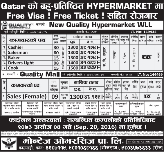 Free Visa, Free Ticket Jobs For Nepali In Qatar Salary- Rs.43,995/