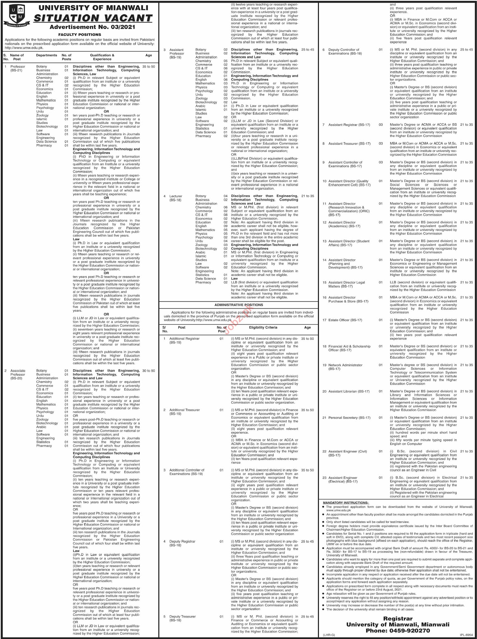 Jobs in University of Mianwali UMW