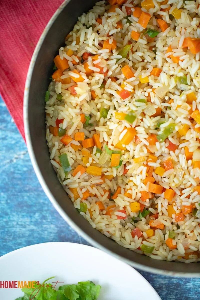 Birdseye view of calypso rice ready to be served.