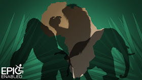 Gorilla silhouette, chimpanzee silhouette and elephant silhouette over a vector of Africaand a green background with leaves