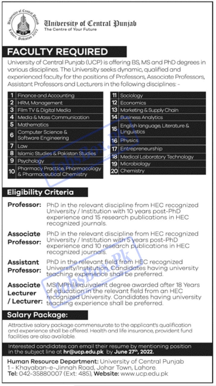University of Central Punjab UCP Jobs 2022 - www.ucp.edu.pk Jobs 2022 - hr@ucp.edu.pk Jobs 2022