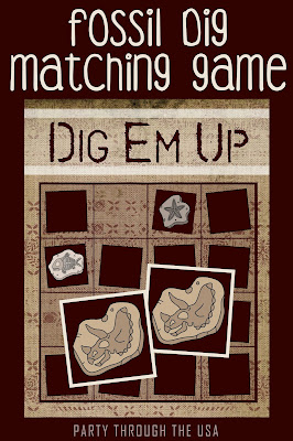 Paleontology Dig Travel Game // Party Through the USA // Pretend your a real paleontologist with this travel matching game.  Game board and matching cards with picture of fossils.  Great for your next trip to the dinosaur museum, vacation in the badlands, or Dinosaur-themed road trip.  Free printable file folder game with cards that fit in an altoid tin.  Stop by the site for more tiny toys!