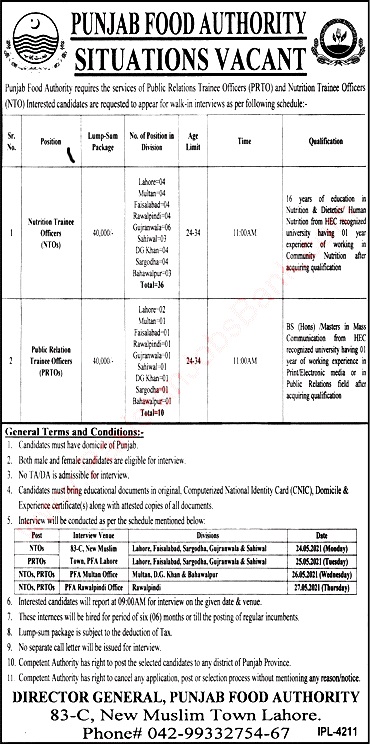 Latest Jobs in Punjab Food Authority  May 2021