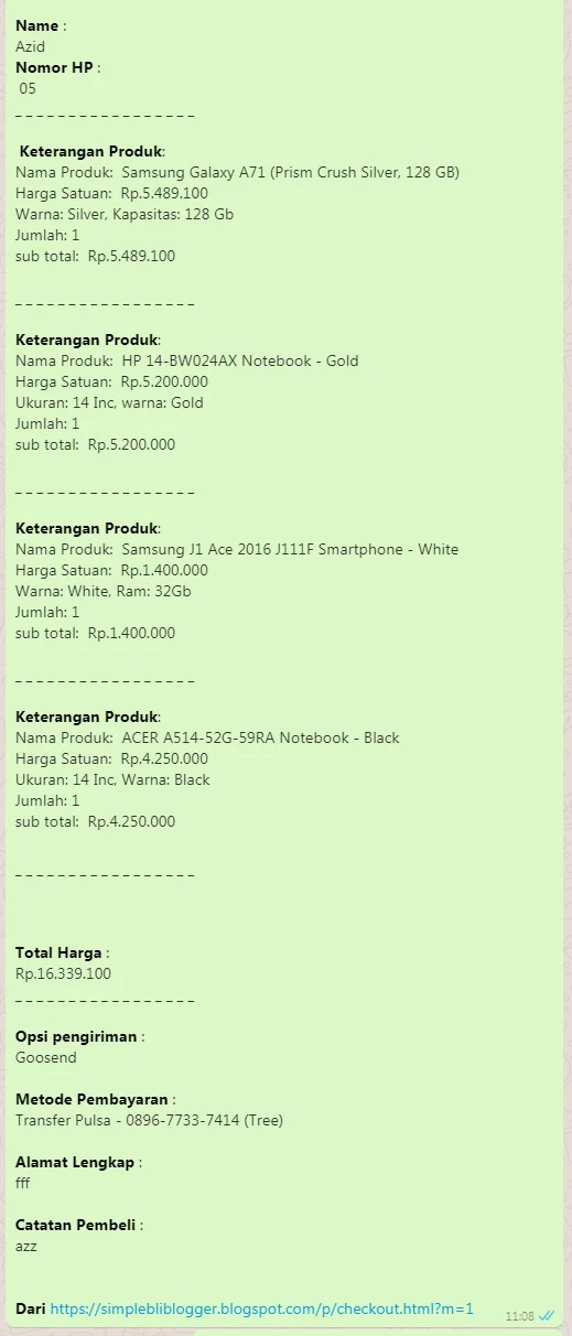 chekout final dan proses pengisian data yang nantinya akan terkirim via WHATSAPP.