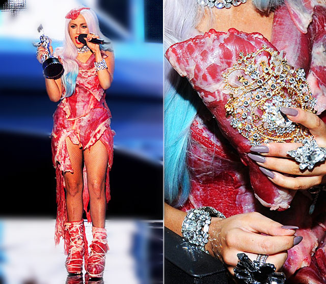 lady gaga meat dress real. Lady Gaga in Franc Fernandez