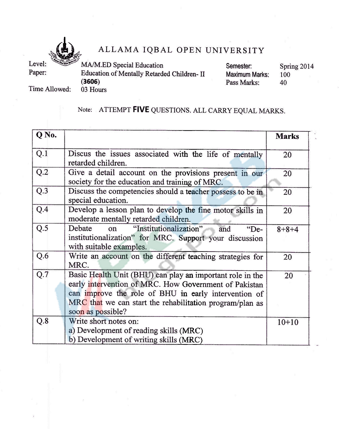 Aiou 3606 Education of the Mentally Retarded Children-II Teacher Education Spring 2014