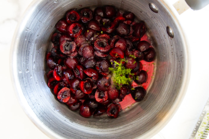 cooking Cherry Limeade Compote in saucepan