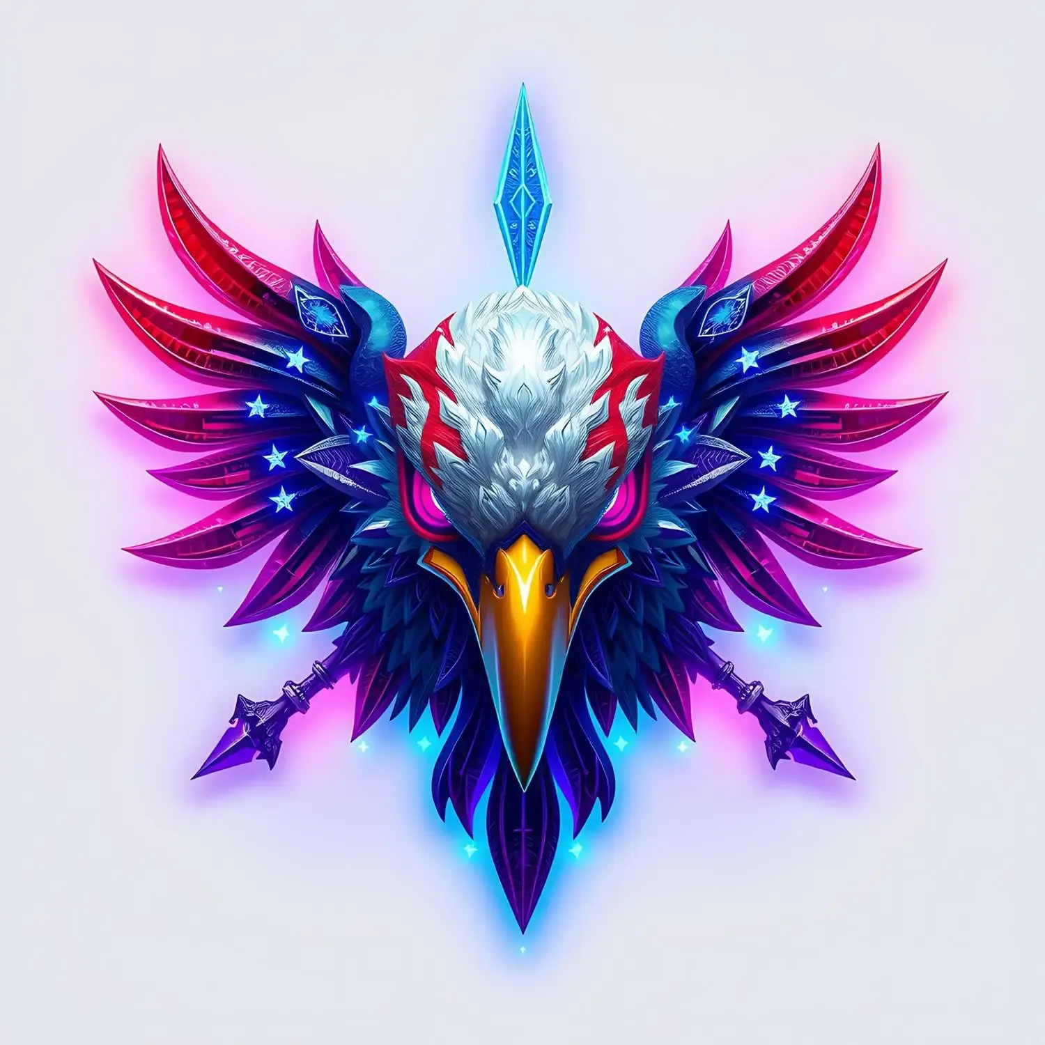 Highly stylized American eagle graphic with spread wings, featuring red, blue, and purple neon glow, stars on head and wings, and two glowing spear-like elements below