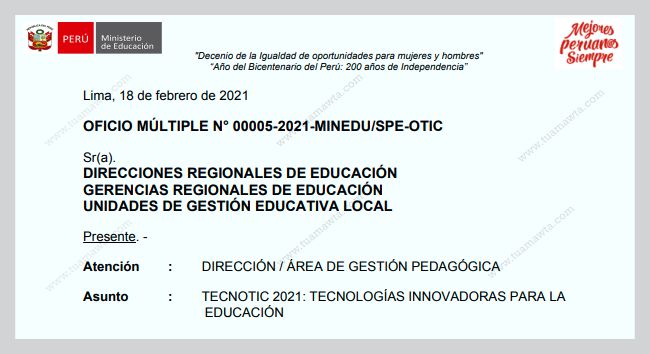 MINEDU: Invitación al TECNOTIC 2021 - Tecnologías innovadoras para la educación | O.M. 05-2021-MINEDU/SPE-OTIC