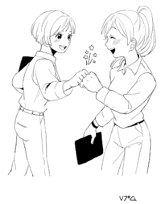 Two women fist bumping, drawn in manga style.