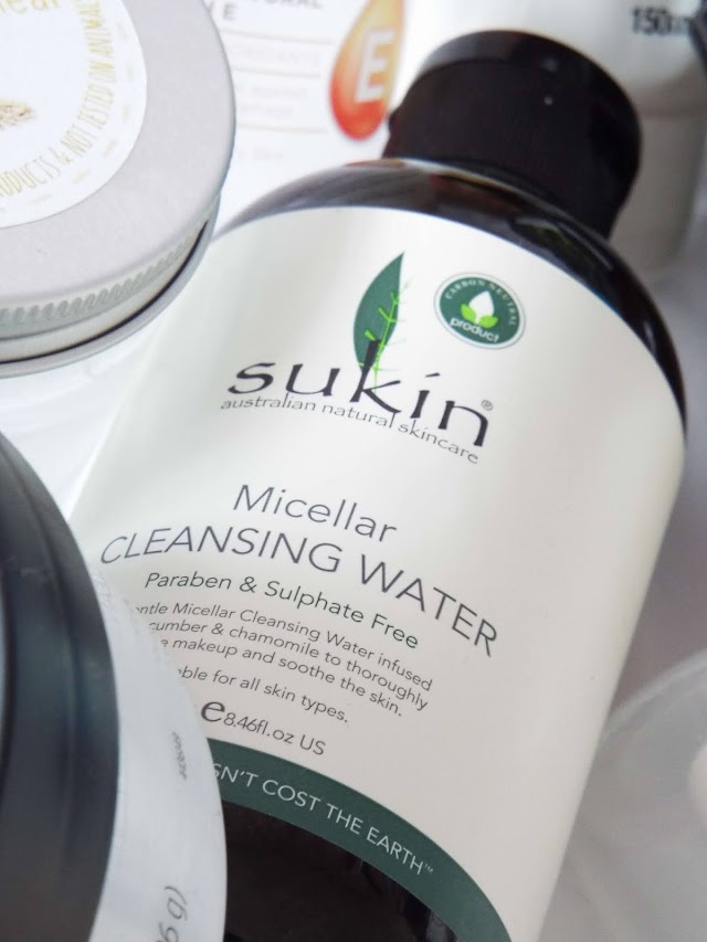 Sukin Micellar Cleansing Water, in dark bottle, with vanilla label.