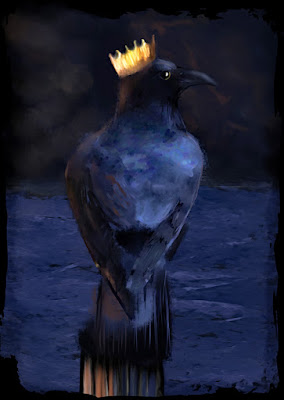 Painting of a raven standing on a post in front of a night time sea. Wearing a crown. With orange highlights where the sun is coming up.