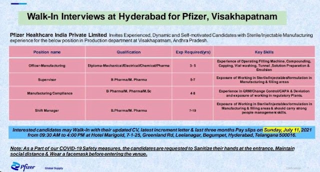 Pfizer | Walk-in for Multiple departments on 11th Jul 2021 at Hyderabad
