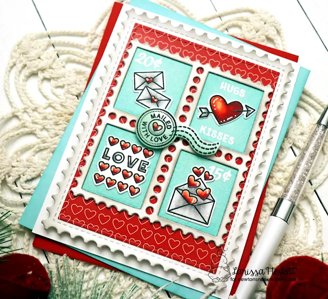 Hugs, Kisses and Love Card by Larissa Heskett for Newton's Nook Designs using Valentines Postage Sampler, Lovely Hearts Paper Pad, Basic Frames Die Set, Postage Stamp Layout Die Set and Framework Die Set