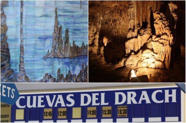 Mosaico Cuevas del Drach – Interior Cuevas del Drach en Mallorca – Taquillas y cartel de las Cuevas del Drach