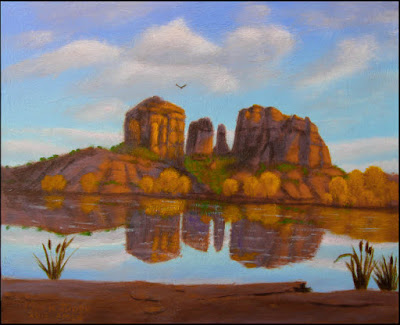 Sedona, Oak Creek, Oak Creek Crossing, Cathedral Rocks, red rocks, AZ, Arizona, clouds, cloud shadows, autumn, fall, water, reflection, blue sky, Southwest, southwestern