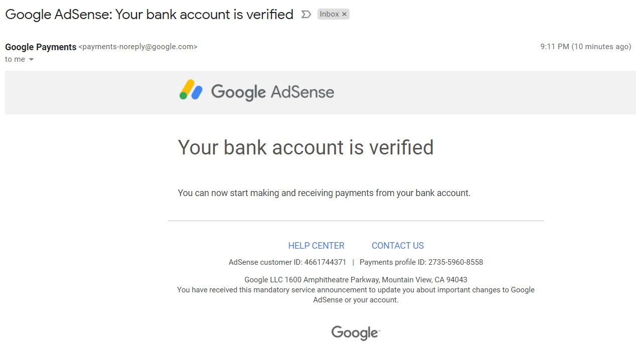 Adsense bank account verified