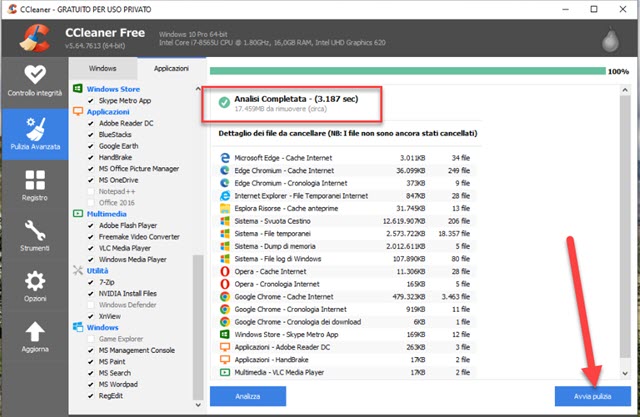 analisi ccleaner del pc windows