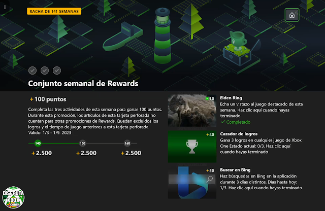 Conjunto semanal de Rewards: 100 puntos (141 Semanas completadas)