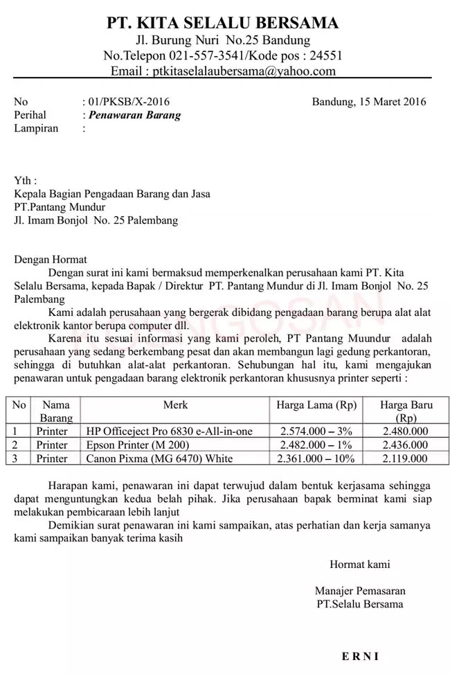 Contoh Quotation Penawaran Kerjasama Proyek Excel Kosngosan