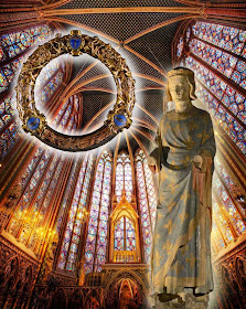 Sainte-Chapelle de Paris, relicário da Coroa de Espinhos e estátua de São Luís rei na cripta da Sainte-Chapelle