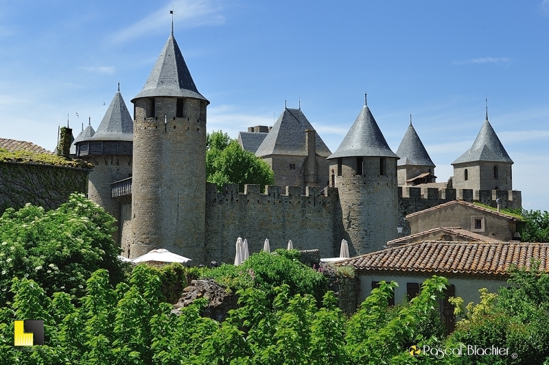 Carcassonne, le château comtal émerge de la frondaison des arbres photo pascal blachier