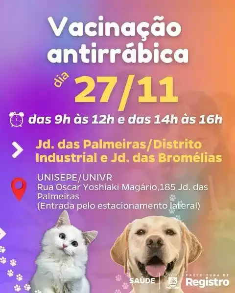 Vacinação Antirrábica no Jd. das Palmeiras, Distrito Industrial e Jd. das Bromélias