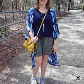 awayfromblue Instagam | summer mum style park olive shorts navy tee and tie dye kimono with mustard bag