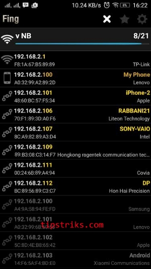 Selain nama perangkst, ip address, juga ditampilkan Mac ...