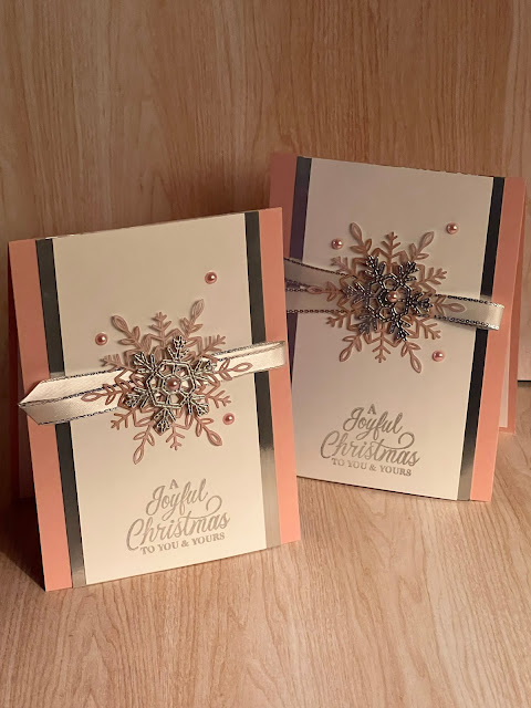 A pair of Handmade Christmas Cards featuring different sized snowflakes in Blushing Bride pastels and Silver foil using Stampin' Up! dies and stamp sets