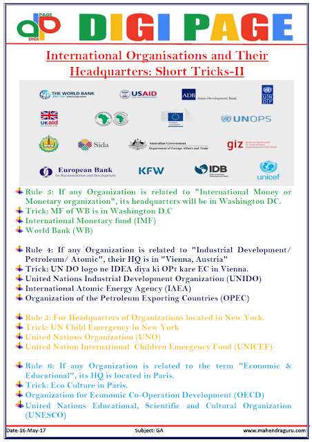     DP | SHORT TRICK : ORGANISATION & HQ | 16 - MAY - 17 | IMPORTANT FOR SBI PO