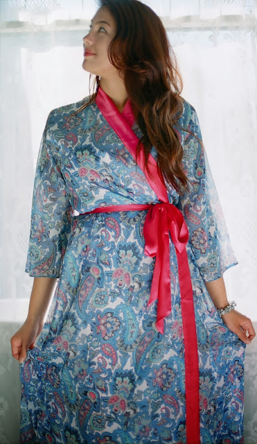 Custom made lined, blue paisley chiffon robe with matching pink satin trim, sash. Made to measure, curvy plus size tall lingerie