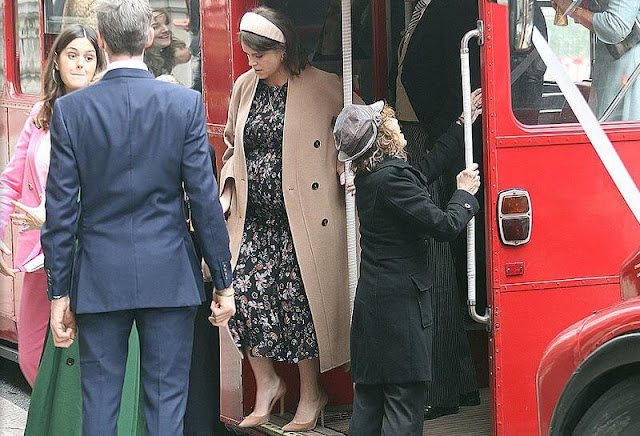 Princess Eugenie wore an Emma camel wool coat by Max Mara, and a Gabi shirred floral-print chiffon midi dress by Veronica Beard