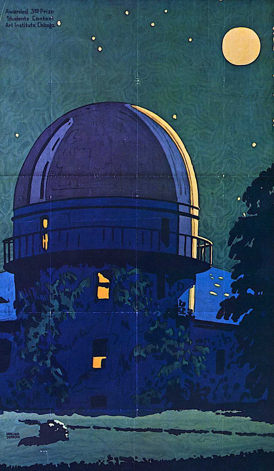 a Wallace Swanson illustration 1925, an observatory building at night